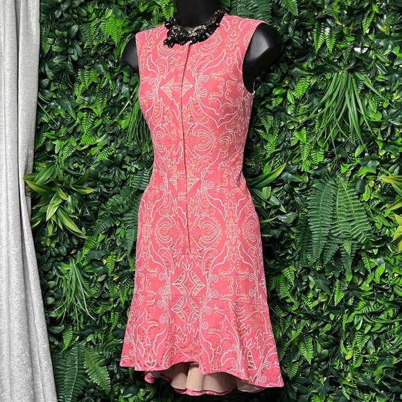 BCBGMAXAZRIA Dress Size 0 Coral Pink Lace Fit Flare Ruffle Hem Cocktail 3460 - Picture 7 of 9